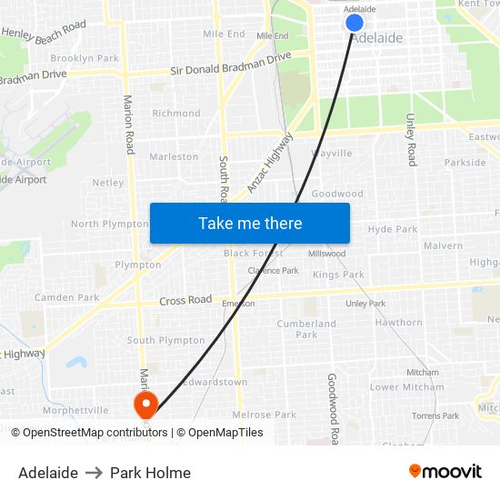 Adelaide to Park Holme map