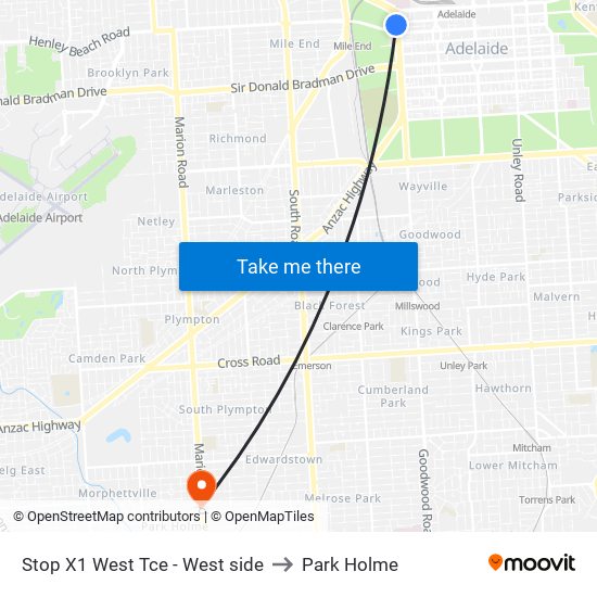 Stop X1 West Tce - West side to Park Holme map