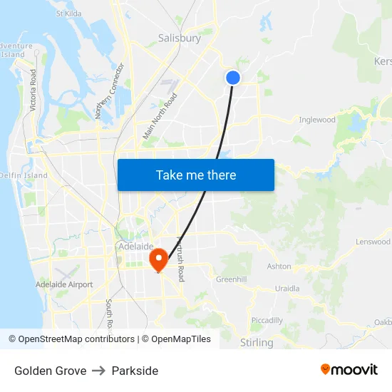 Golden Grove to Parkside map