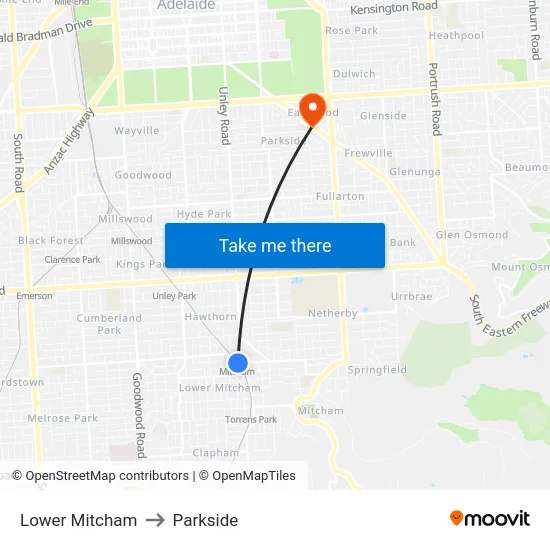 Lower Mitcham to Parkside map