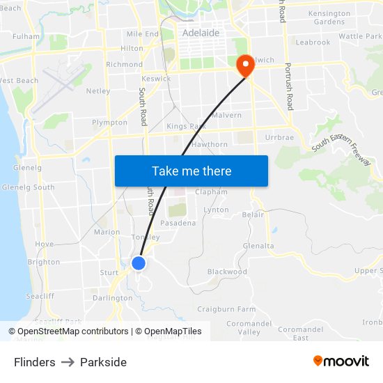 Flinders to Parkside map