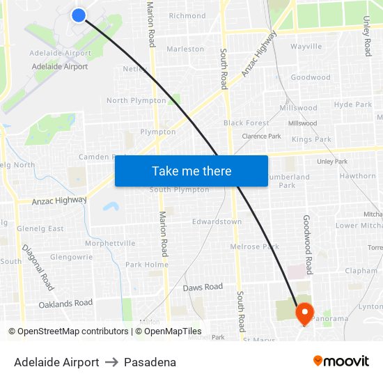 Adelaide Airport to Pasadena map