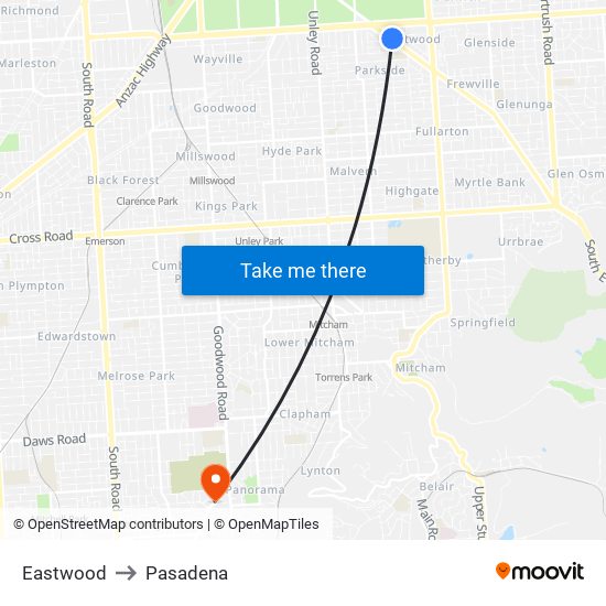 Eastwood to Pasadena map