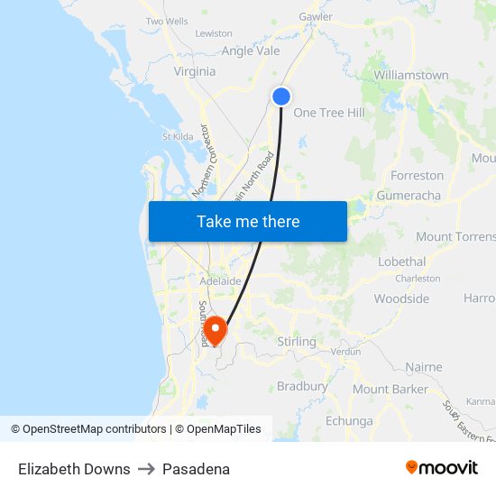 Elizabeth Downs to Pasadena map