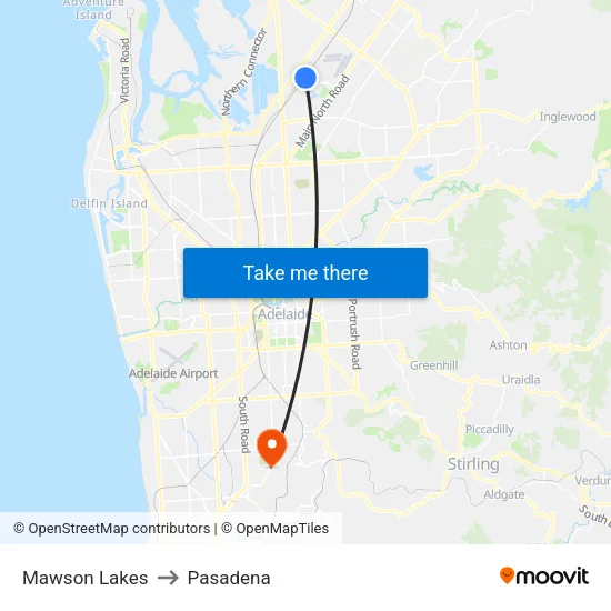 Mawson Lakes to Pasadena map