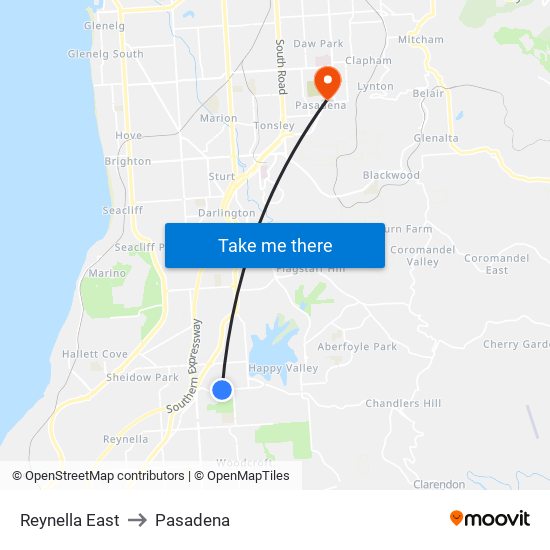 Reynella East to Pasadena map