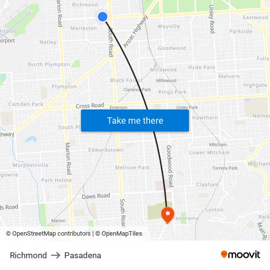 Richmond to Pasadena map