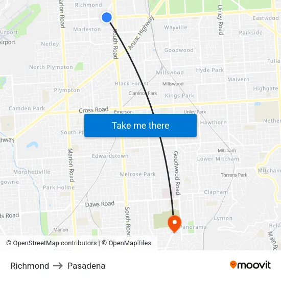 Richmond to Pasadena map