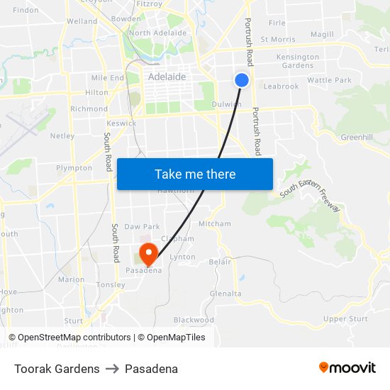 Toorak Gardens to Pasadena map