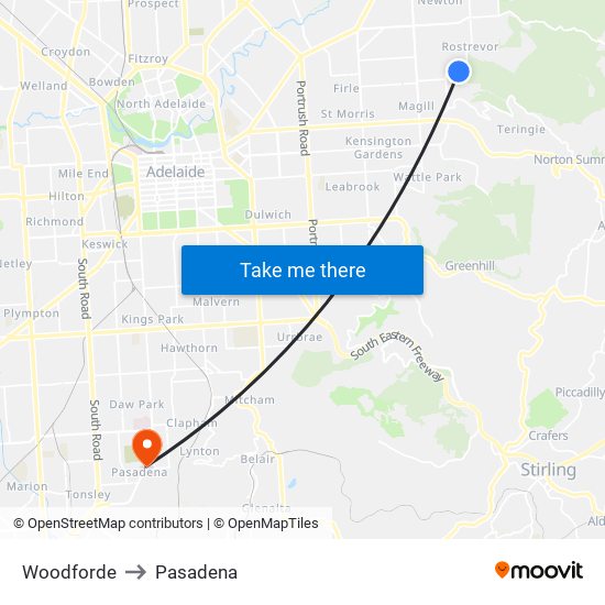 Woodforde to Pasadena map