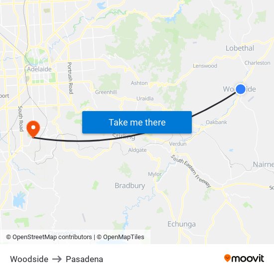 Woodside to Pasadena map