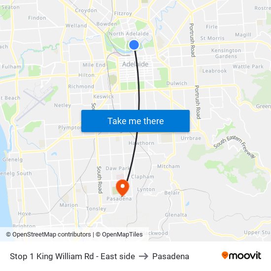 Stop 1 King William Rd - East side to Pasadena map