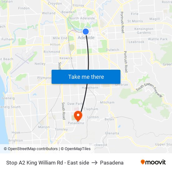 Stop A2 King William Rd - East side to Pasadena map
