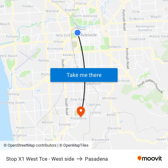 Stop X1 West Tce - West side to Pasadena map