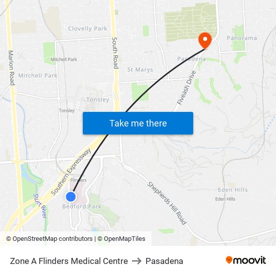 Zone A Flinders Medical Centre to Pasadena map