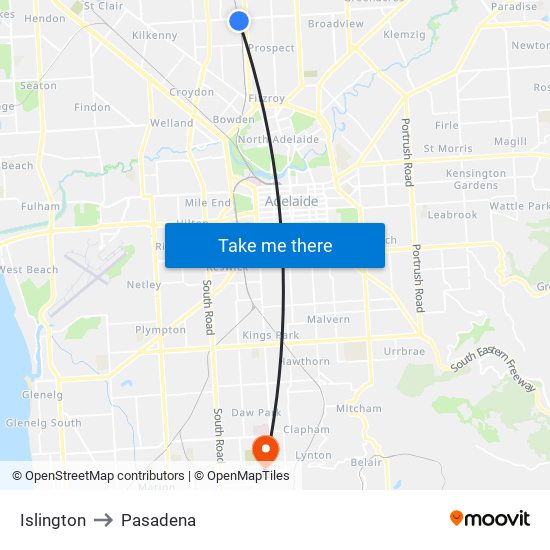 Islington to Pasadena map