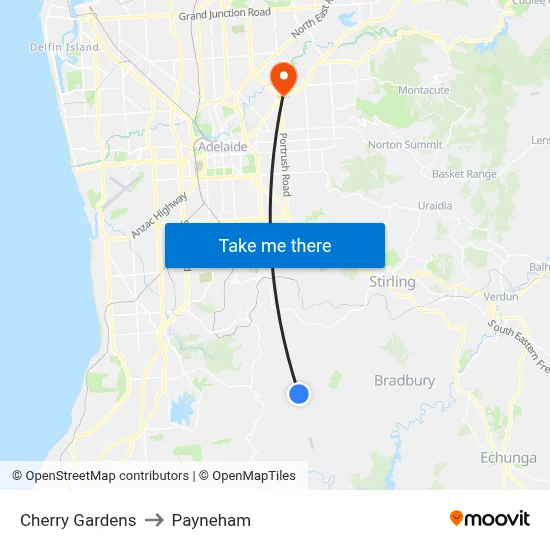 Cherry Gardens to Payneham map