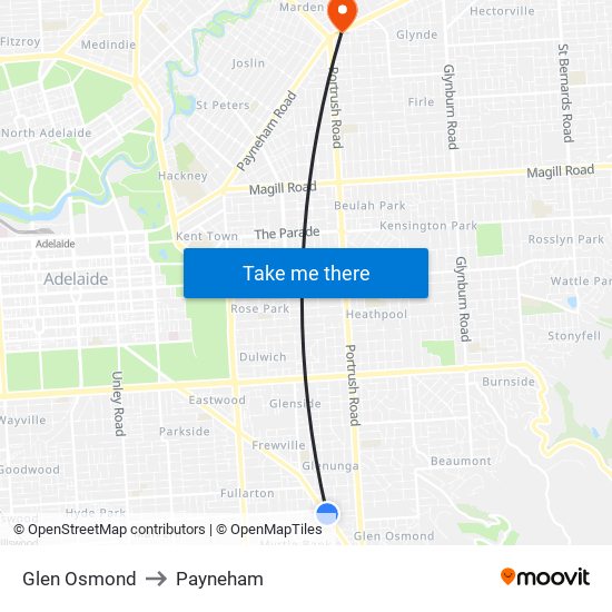 Glen Osmond to Payneham map