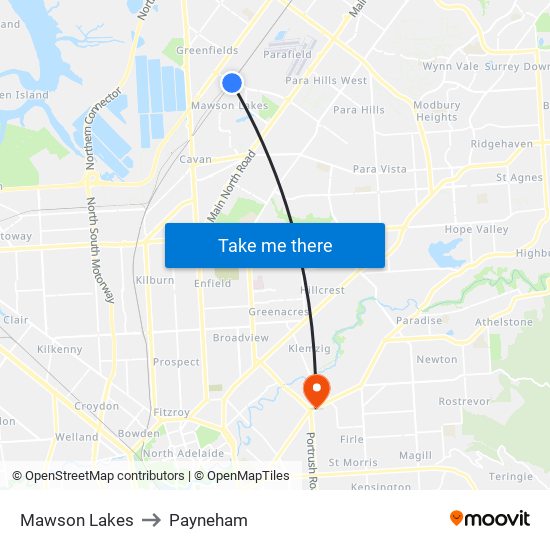 Mawson Lakes to Payneham map