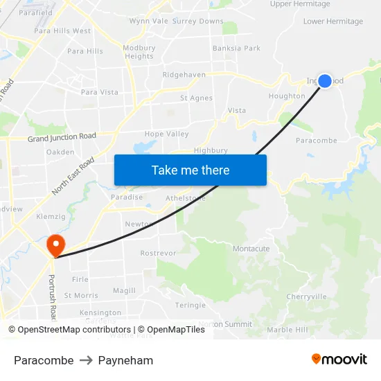 Paracombe to Payneham map