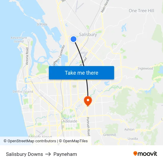 Salisbury Downs to Payneham map