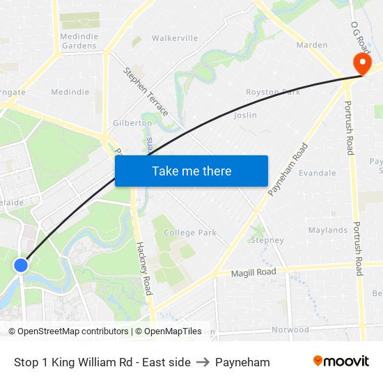 Stop 1 King William Rd - East side to Payneham map