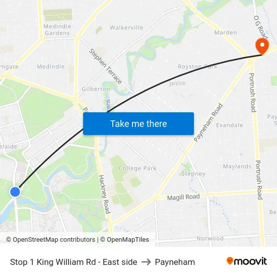 Stop 1 King William Rd - East side to Payneham map