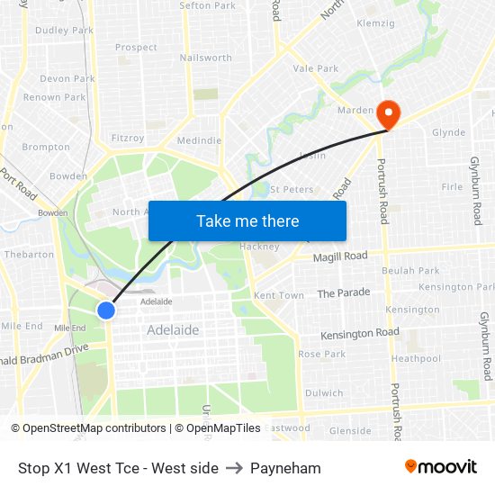 Stop X1 West Tce - West side to Payneham map