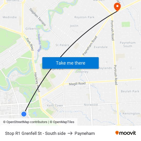 Stop R1 Grenfell St - South side to Payneham map