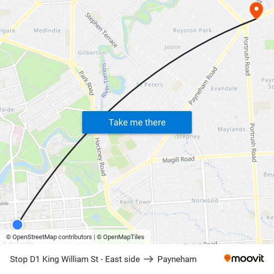 Stop D1 King William St - East side to Payneham map