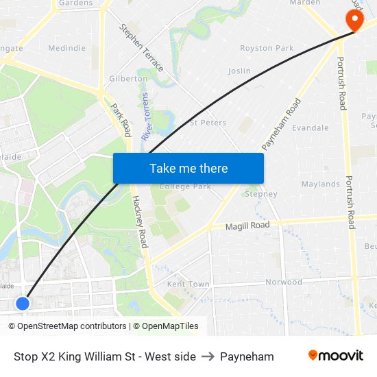 Stop X2 King William St - West side to Payneham map