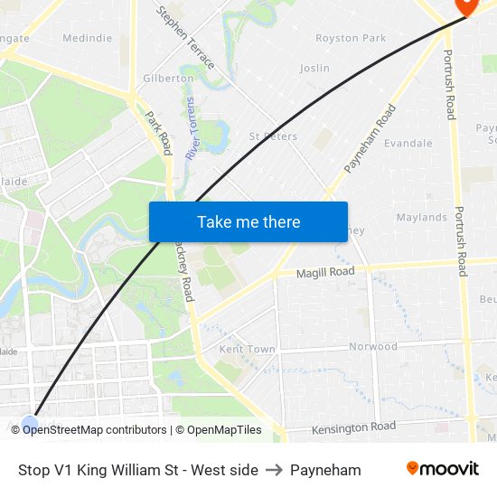 Stop V1 King William St - West side to Payneham map