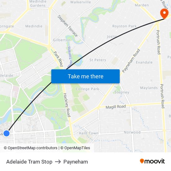 Adelaide Tram Stop to Payneham map