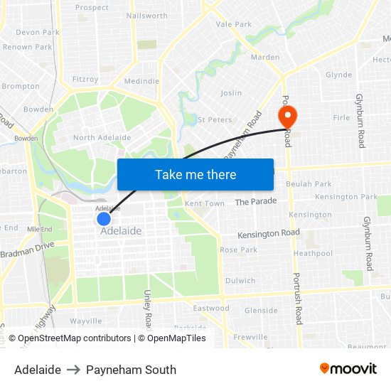 Adelaide to Payneham South map