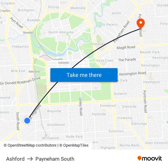 Ashford to Payneham South map