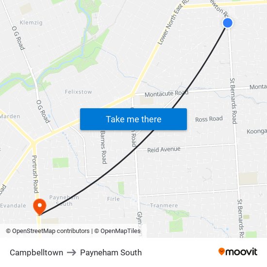 Campbelltown to Payneham South map