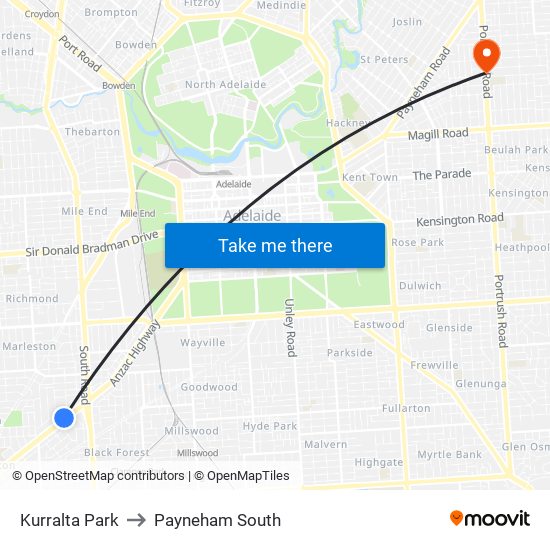 Kurralta Park to Payneham South map