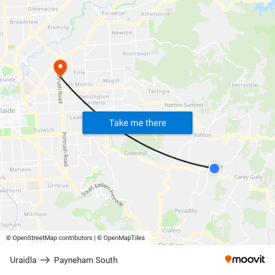 Uraidla to Payneham South map