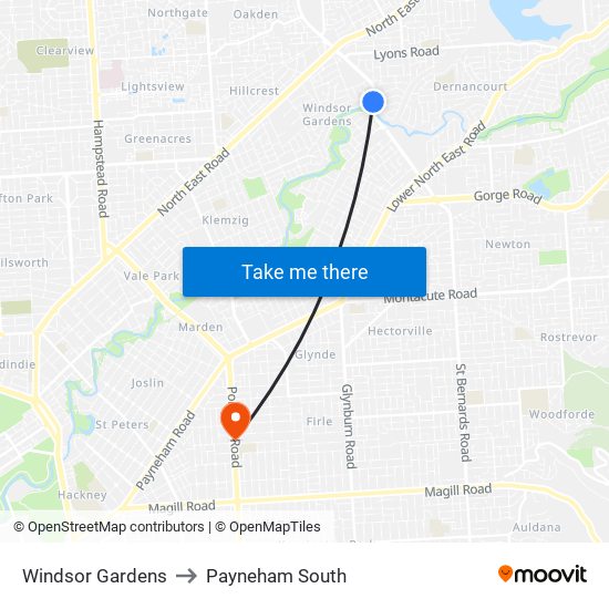 Windsor Gardens to Payneham South map