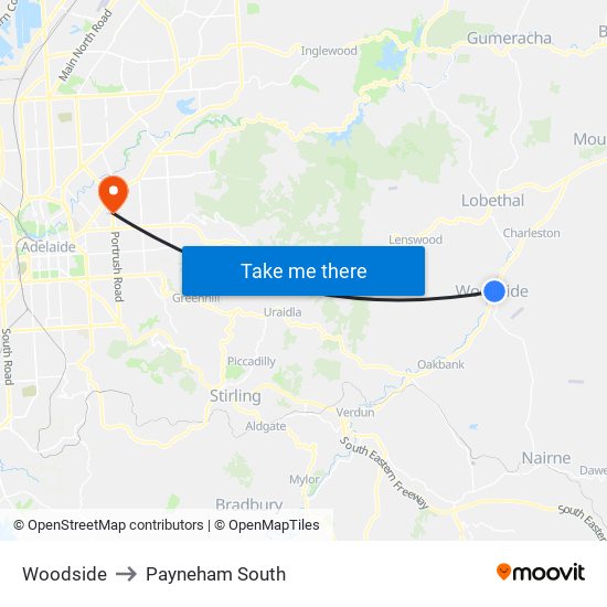 Woodside to Payneham South map