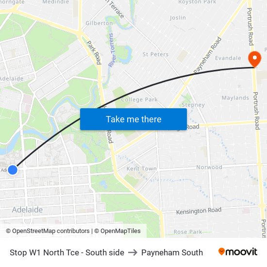 Stop W1 North Tce - South side to Payneham South map