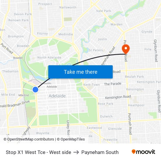 Stop X1 West Tce - West side to Payneham South map