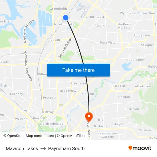 Mawson Lakes to Payneham South map