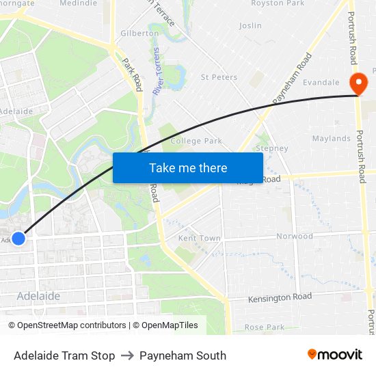 Adelaide Tram Stop to Payneham South map