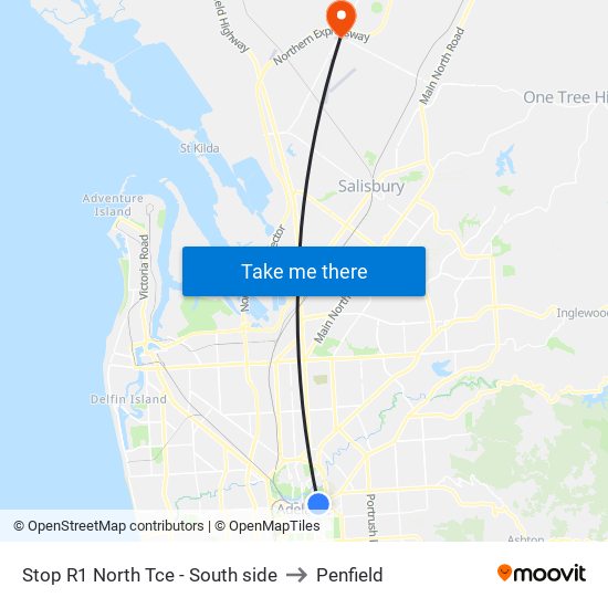 Stop R1 North Tce - South side to Penfield map