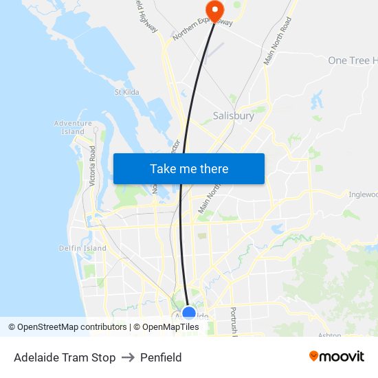 Adelaide Tram Stop to Penfield map