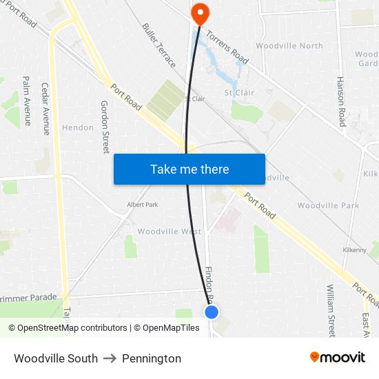 Woodville South to Pennington map