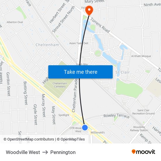 Woodville West to Pennington map