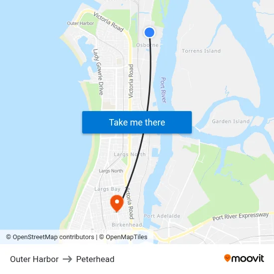 Outer Harbor to Peterhead map