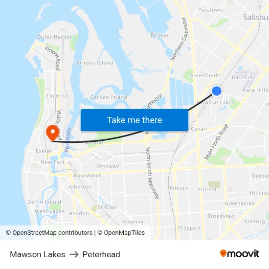 Mawson Lakes to Peterhead map